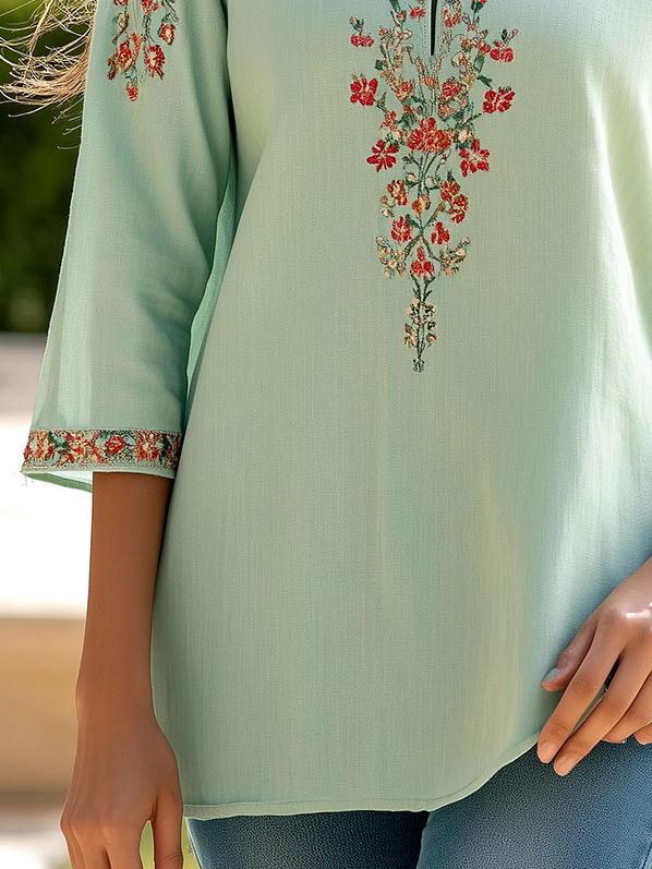 Ethnic V-neck Flower Embroidery Tunic Blouse