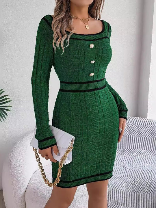 Elegant Color-block Stripe Square Neck Knit Bodycon Dress