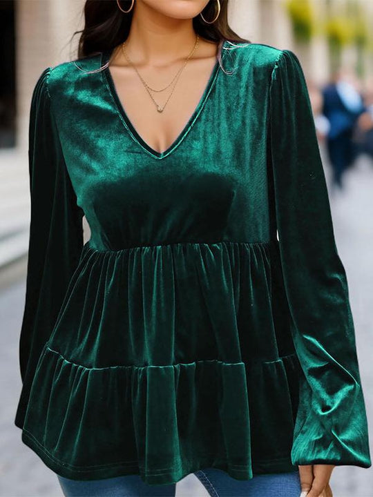 Elegant V-neck Ruffle Hem Long Sleeves Velvet Blouse