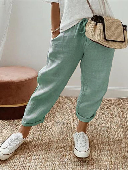 Cotton Linen Pocket Elastic Waist Casual Pants