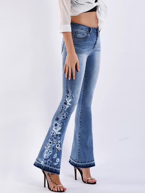 Chic Handmade Embroidered Flower Slim-fit Flare Jeans