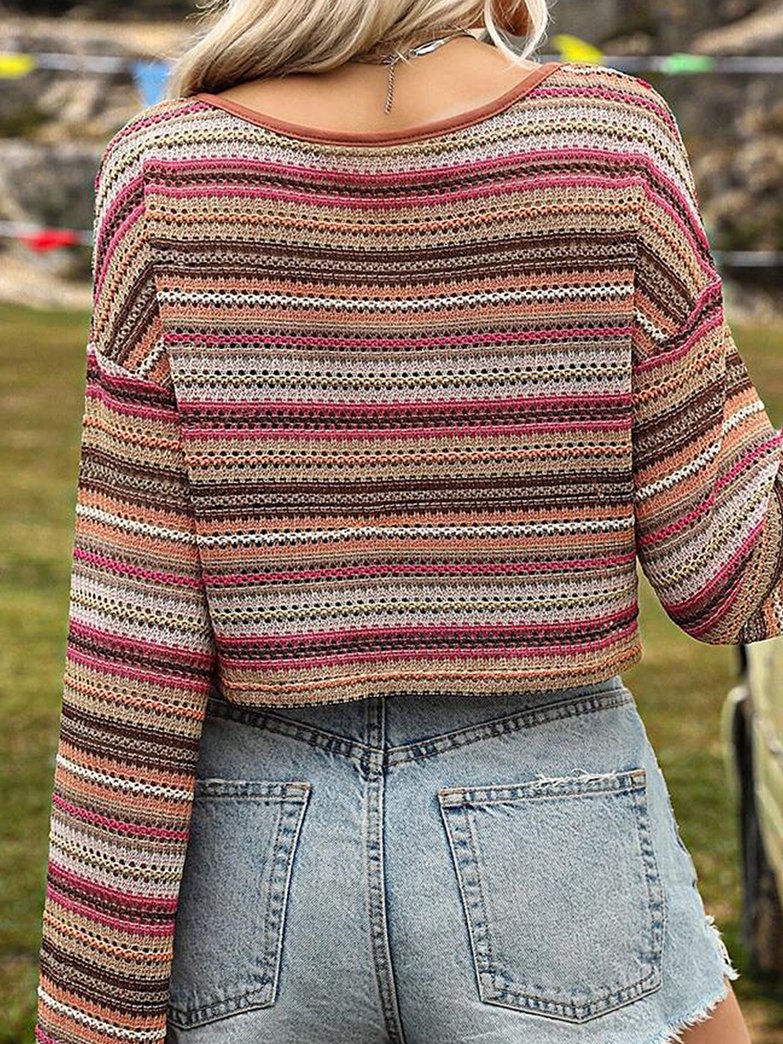 Chic Multi-color Striped Bell Sleeves Knited Loose Sweater