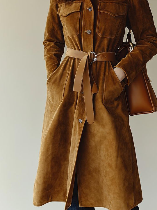 Chic Lapel Multiple-pocket Suede Shirt Dress