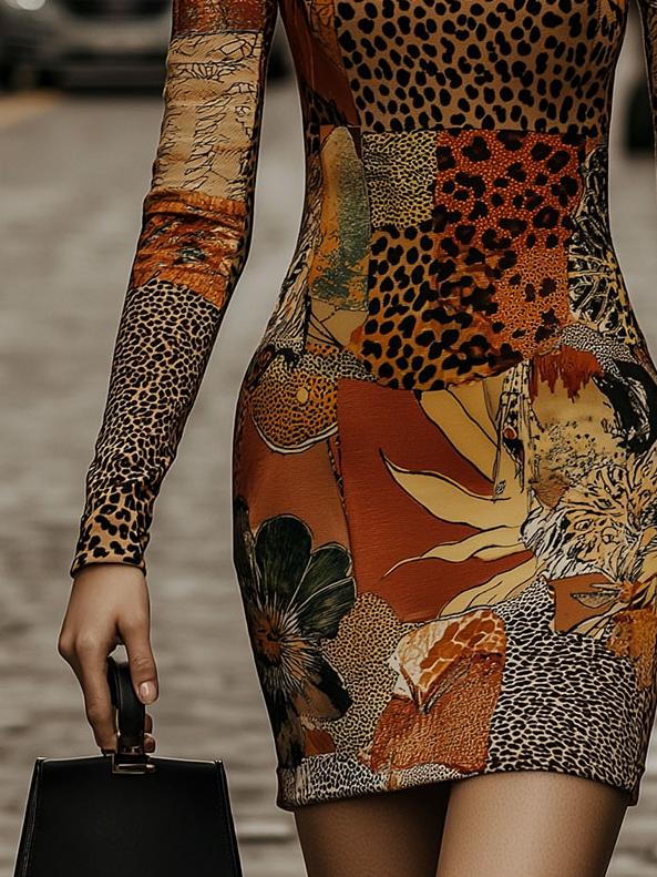 Chic Leopard-print Flower Pattern Patchwork Bodycon Dress