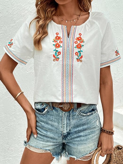 Elegant V-neck Short Sleeves Embroidered Blouse