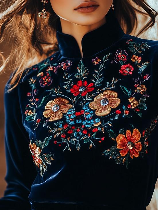 Elegant Stand Collar Embroidery Velvet Long Sleeves Top