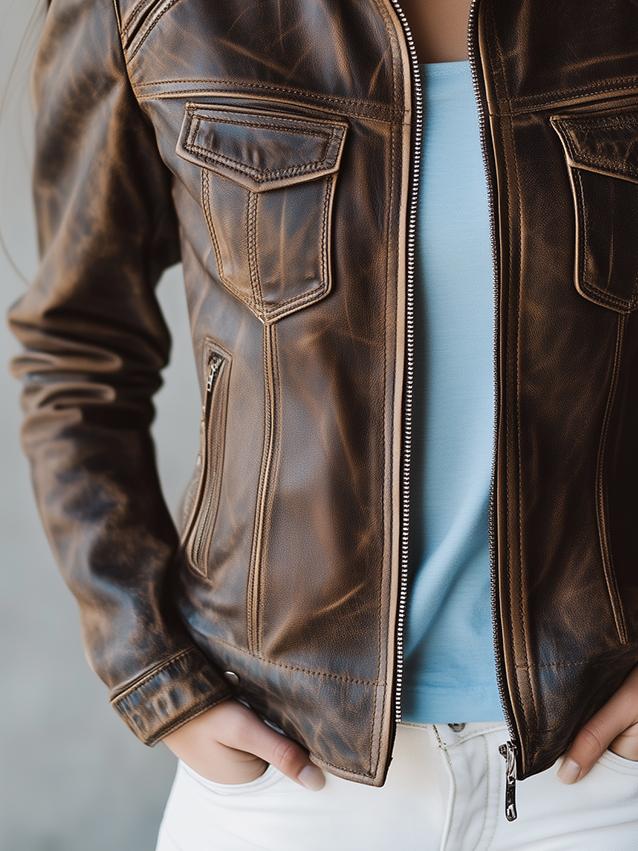 Retro Lapel Multiple Pockets Biker Leather Jacket