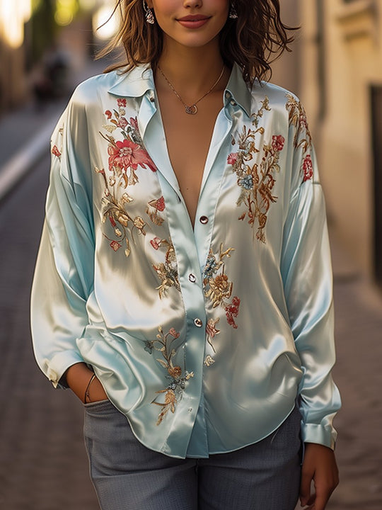 Blue Floral Digital Printed Satin Shirt