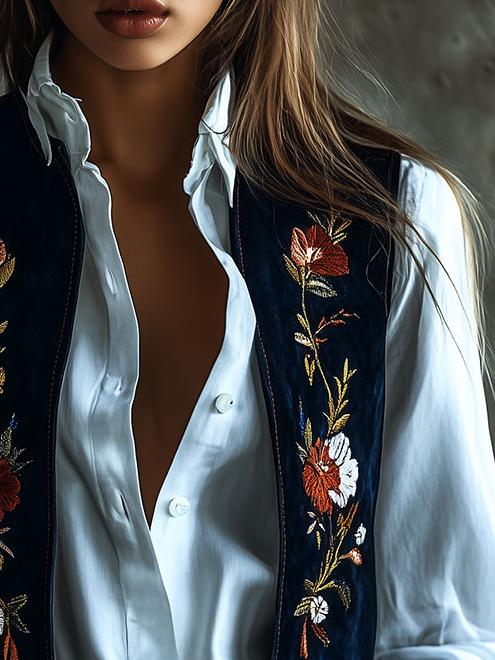 Vintage Handmade Floral Embroidery Suede Waistcoat