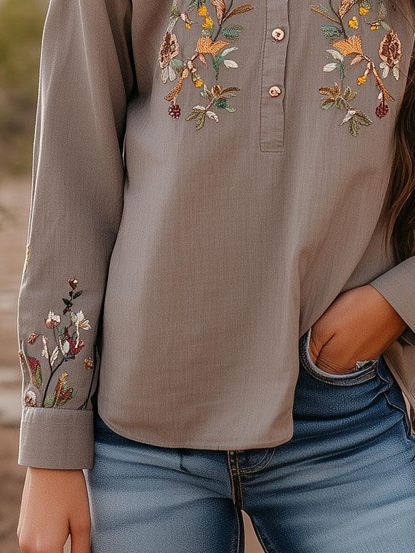 Retro Cotton and linen Flower Embroidery Henley Shirt