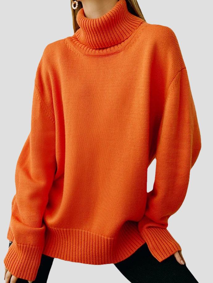 Basic Turtleneck Solid Color Ribbed Trim Knited Sweater