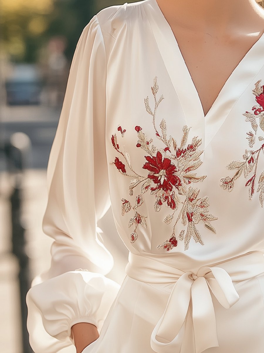 Romantic Red Floral Embroidered Satin Blouse