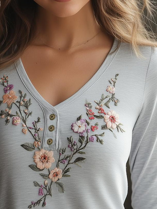 Chic Floral Handmade Embroidery Long Sleeves T-shirt