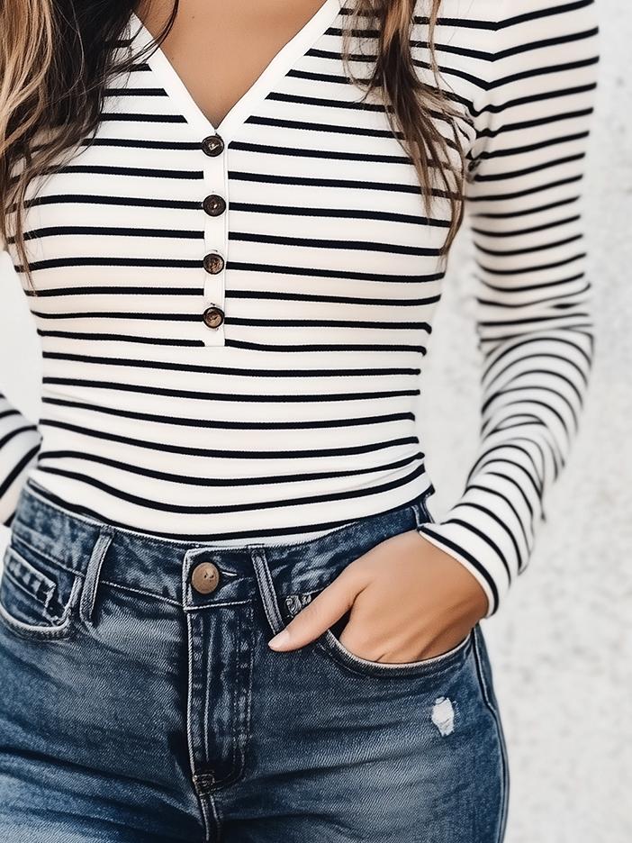 Classic Black and White Stripe Pattern Henley T-shirt