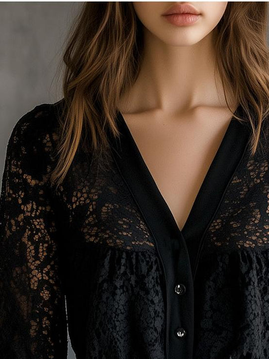 Chic V-neck Single-breasted Ruffled Cuffs Lace Shirt