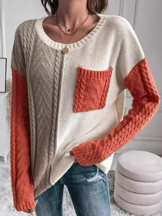 Stylish Color-Block Cable Knit Textured Pocket Sweater