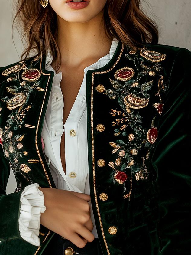 Retro Round Neck Symmetrical Embroidery Velvet Jacket