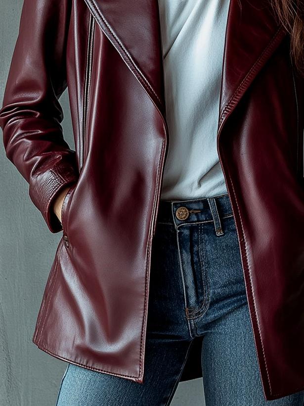 Women Casual Suit Collar Pockets Leather Jacket