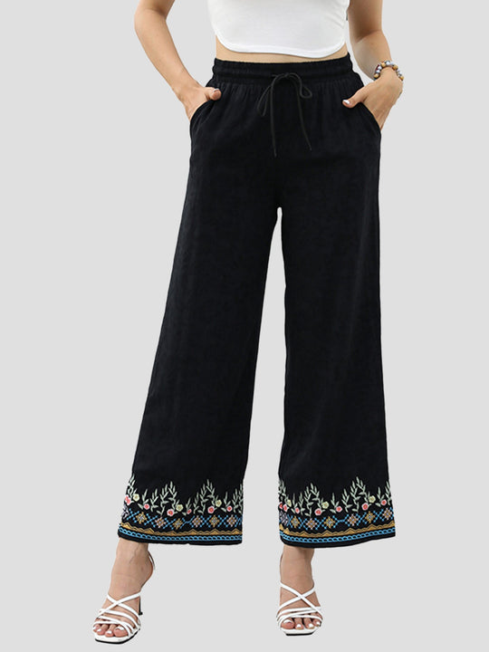 Elegant Floral Embroidered Elastic Waist Straight-leg Pants