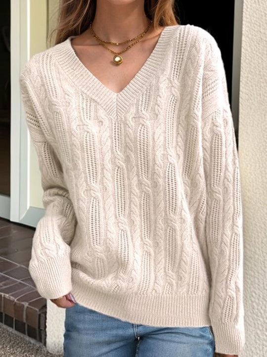 Retro Thick Cable Knit V-neck Solid Color Pullover Sweater