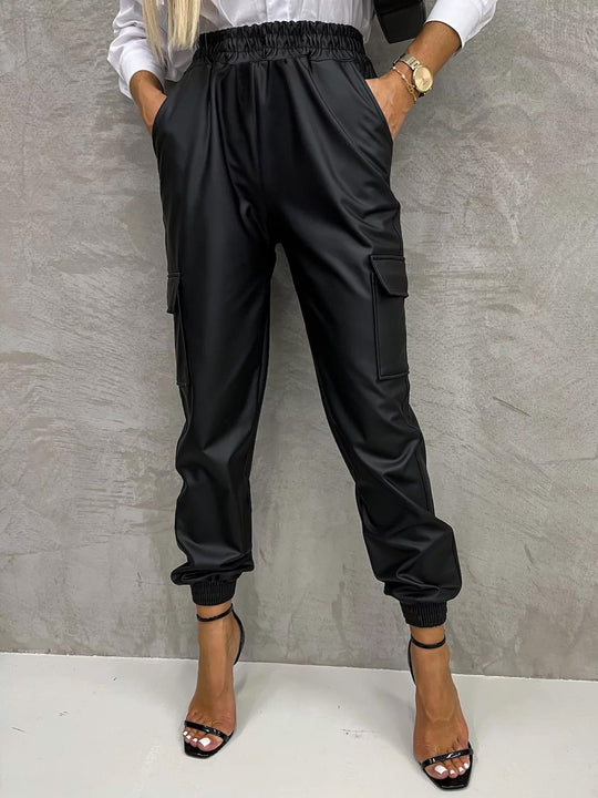 Multiple Pockets Elastic Waist Cuffed Leather Cargo Pants