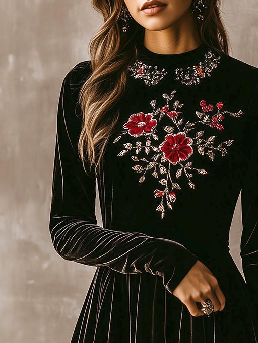 Elegant Round Neck Flower Embroidery Velvet Dress