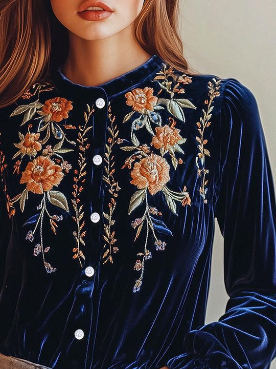 Chic Crew Neck Button Down Embroidery Velvet Shirt