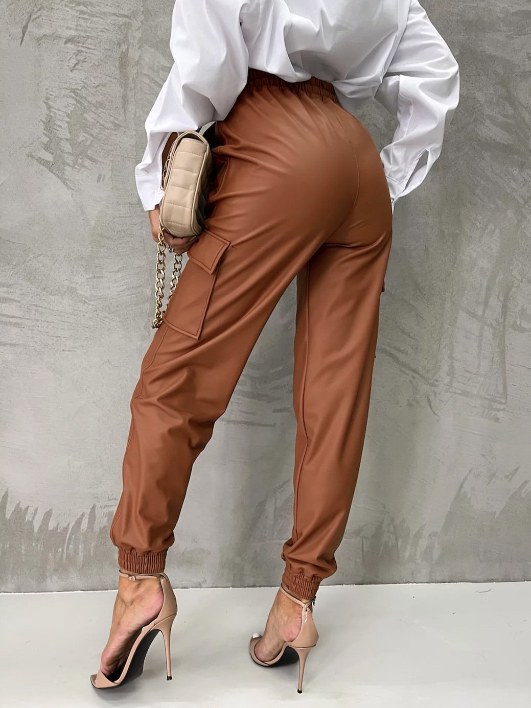 Multiple Pockets Elastic Waist Cuffed Leather Cargo Pants