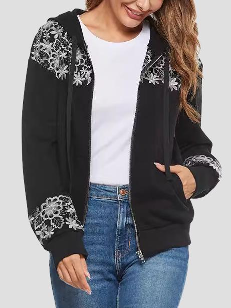 Chic Floral Embroidered Zipper Hooded Jacket