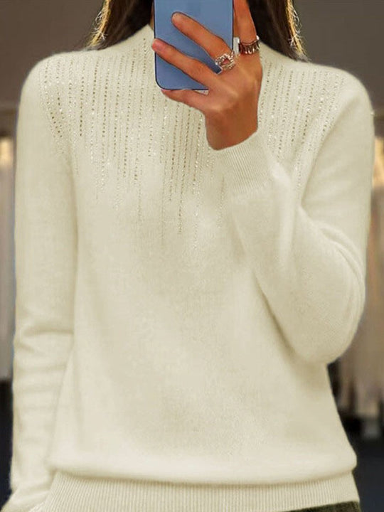 Diamond-Embellished Half-Mocked Knitted Sweater