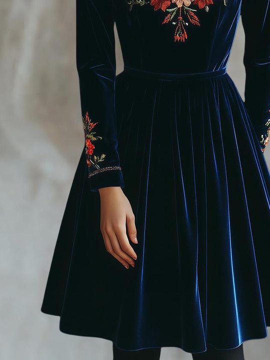 Chic Stand Collar Embroidery A-line Velvet Dress