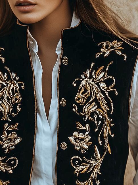 Retro Gold and Silver Embroidery Button Down Suede Vest