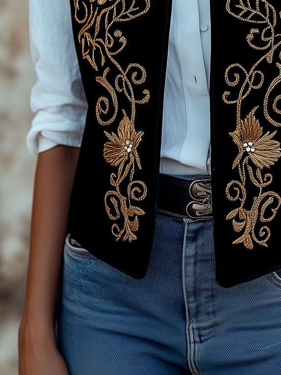 Bohemian Golden Floral Embroidery Suede Waistcoat