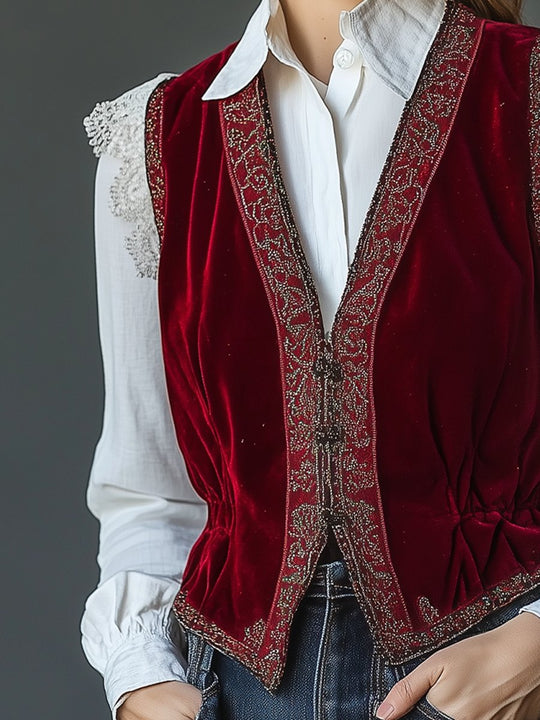 Regal Red Velvet Embroidered Vest