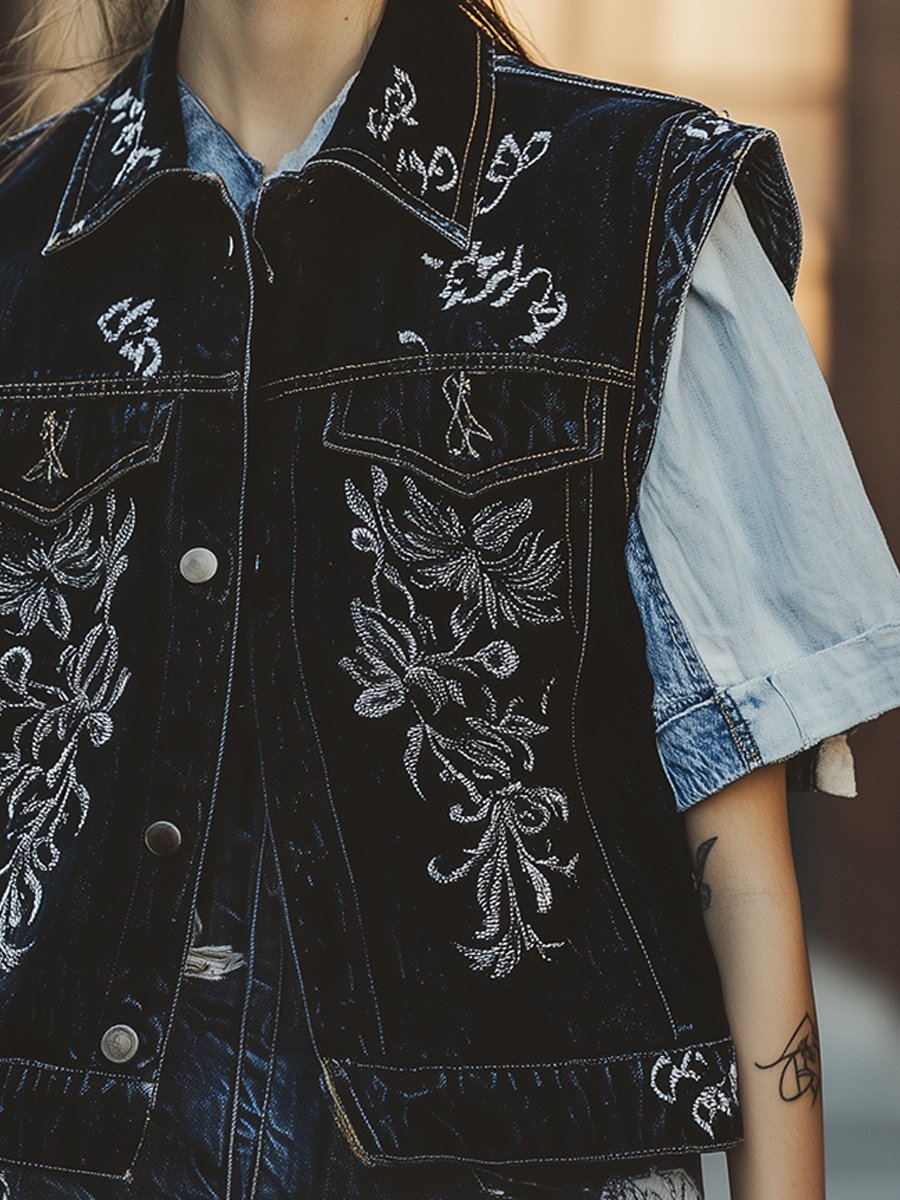 Midnight Embroidery Denim Vest