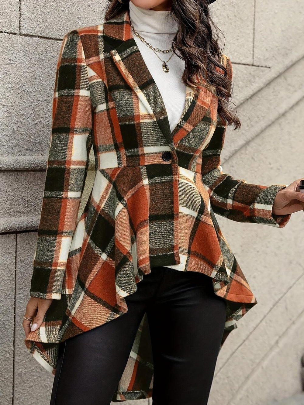 Stylish Plaid Pattern Short-Front Long-Back Woolen Jacket