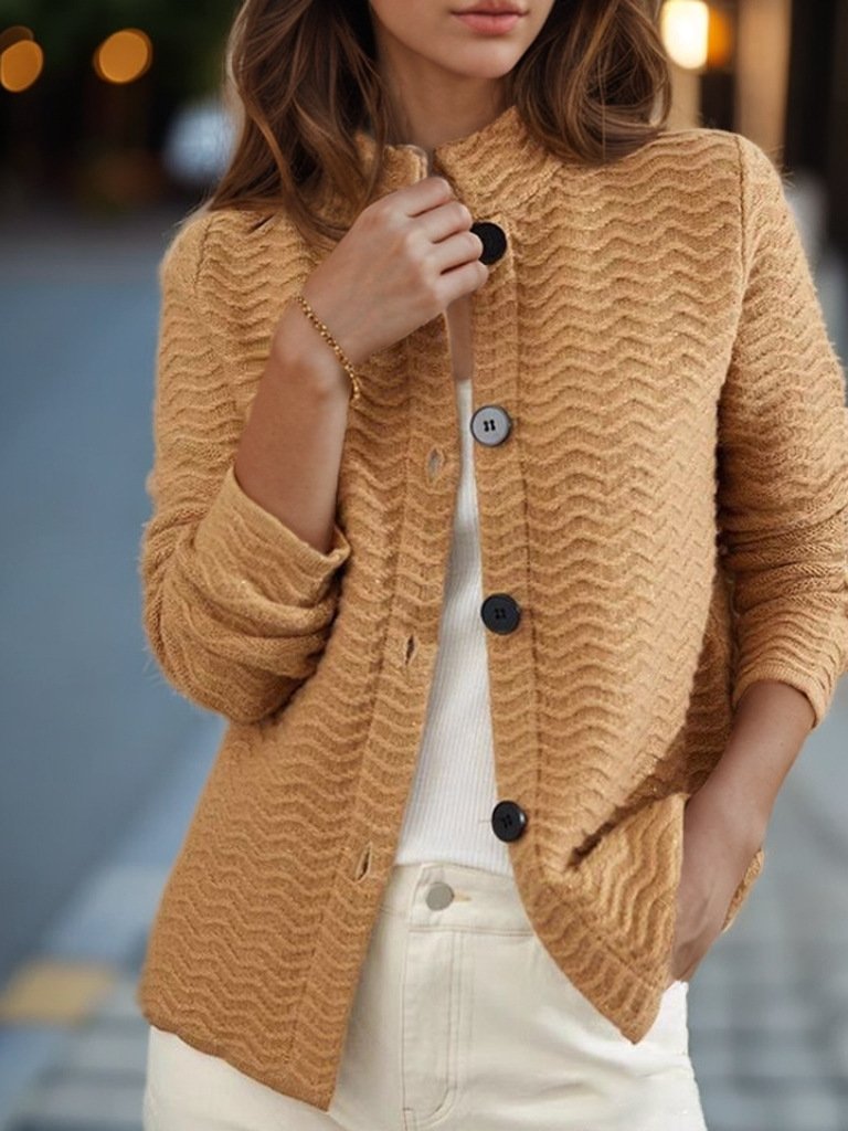 Retro Wave Jacquard Stand Collar Knitted Cardigan Jacket