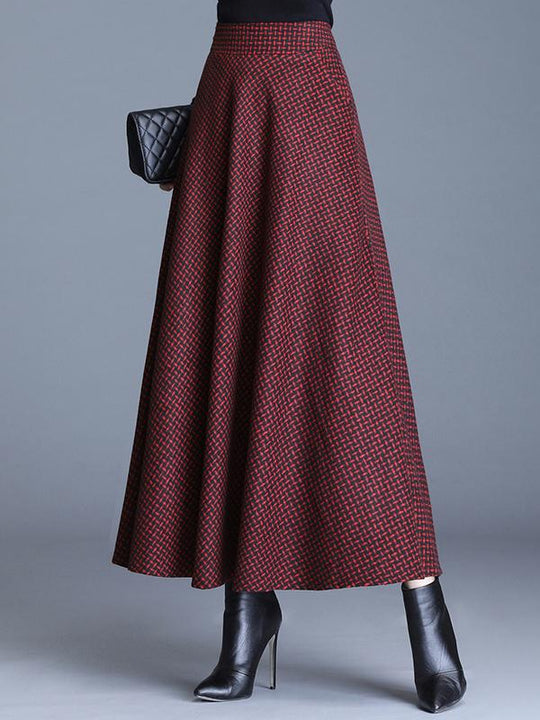 Elegant Elastic Waist Plaid Print Wool Blend Long Skirt