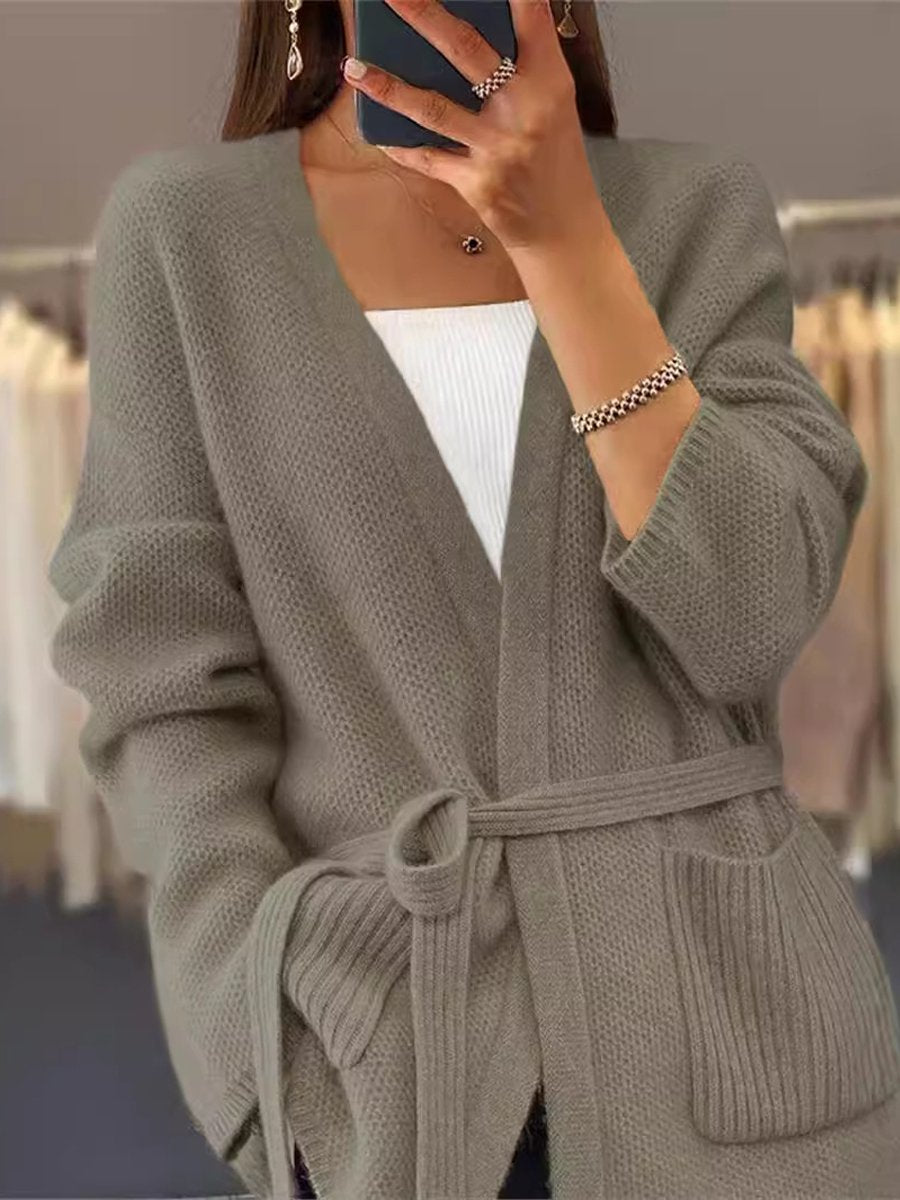 Solid Color Pocket Tie Knit Cardigan