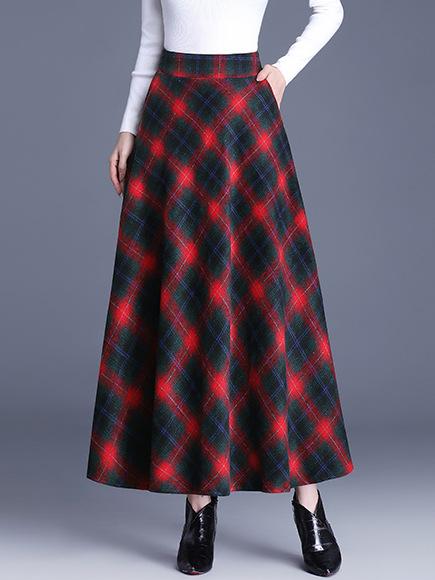 Elegant High-waist Color-block Grid Wool Blend Long Skirt