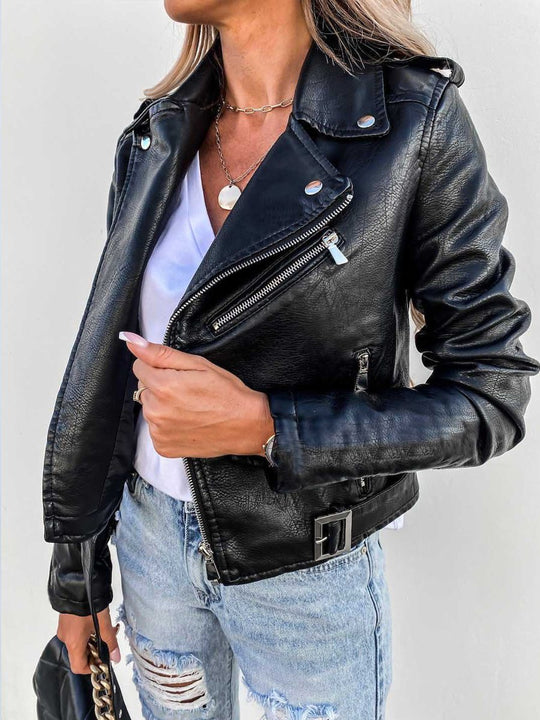 Women's Short Zipper PU Leather Jacket