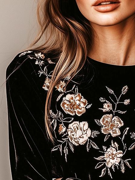 Retro Round Neck Flower Embroidery Velvet Pullover Top