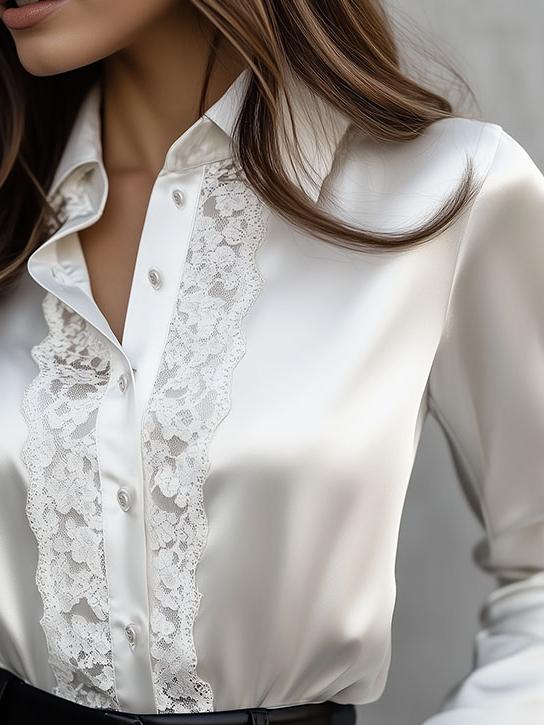 Elegant Lapel Lace Trim Long Sleeve Satin Shirt