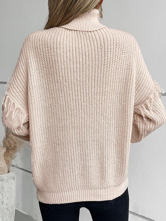 Fringed Cable Collar Long Sleeve Sweater