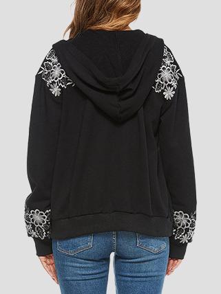 Chic Floral Embroidered Zipper Hooded Jacket