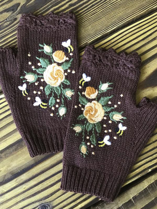 Bee and Flower Embroidery Warm Woolen Half-Finger Gloves