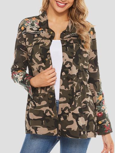 Handmade Embroidered Drawstring Waist Camouflage Shirt Jacket