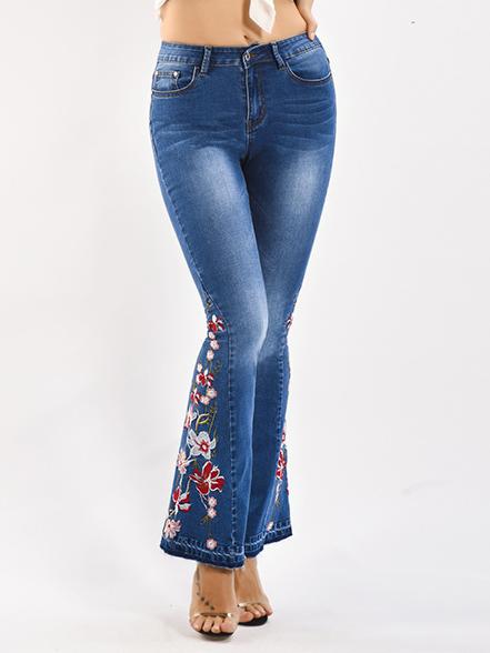 Handmade Embroidered Flower Slim-fit Flare Jeans