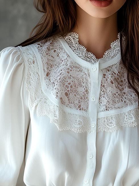 Elegant Round Neck Lace Patchwork Half-sleeve Shirt