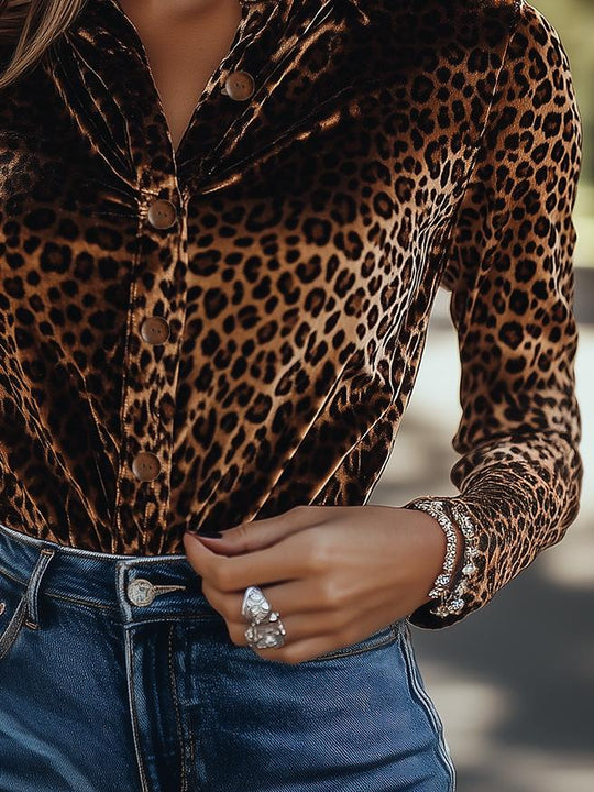 Stylish Single-breasted Leopard Pattern Velvet Shirt